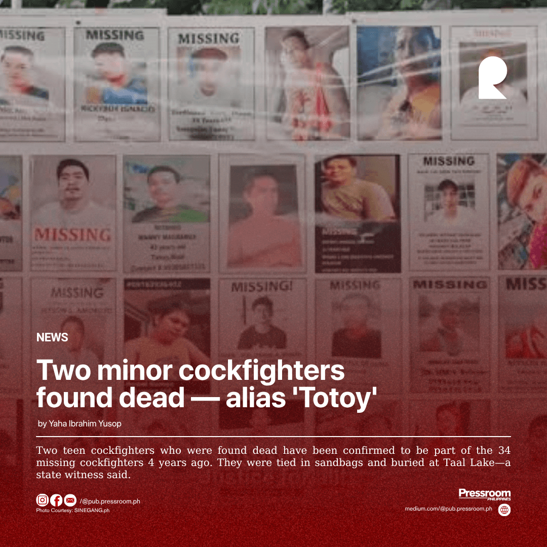 Two minor cockfighters found dead — alias "Totoy"