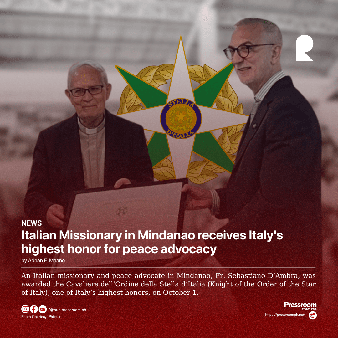 Italian Missionary in Mindanao receives Italy's highest honor for peace advocacy