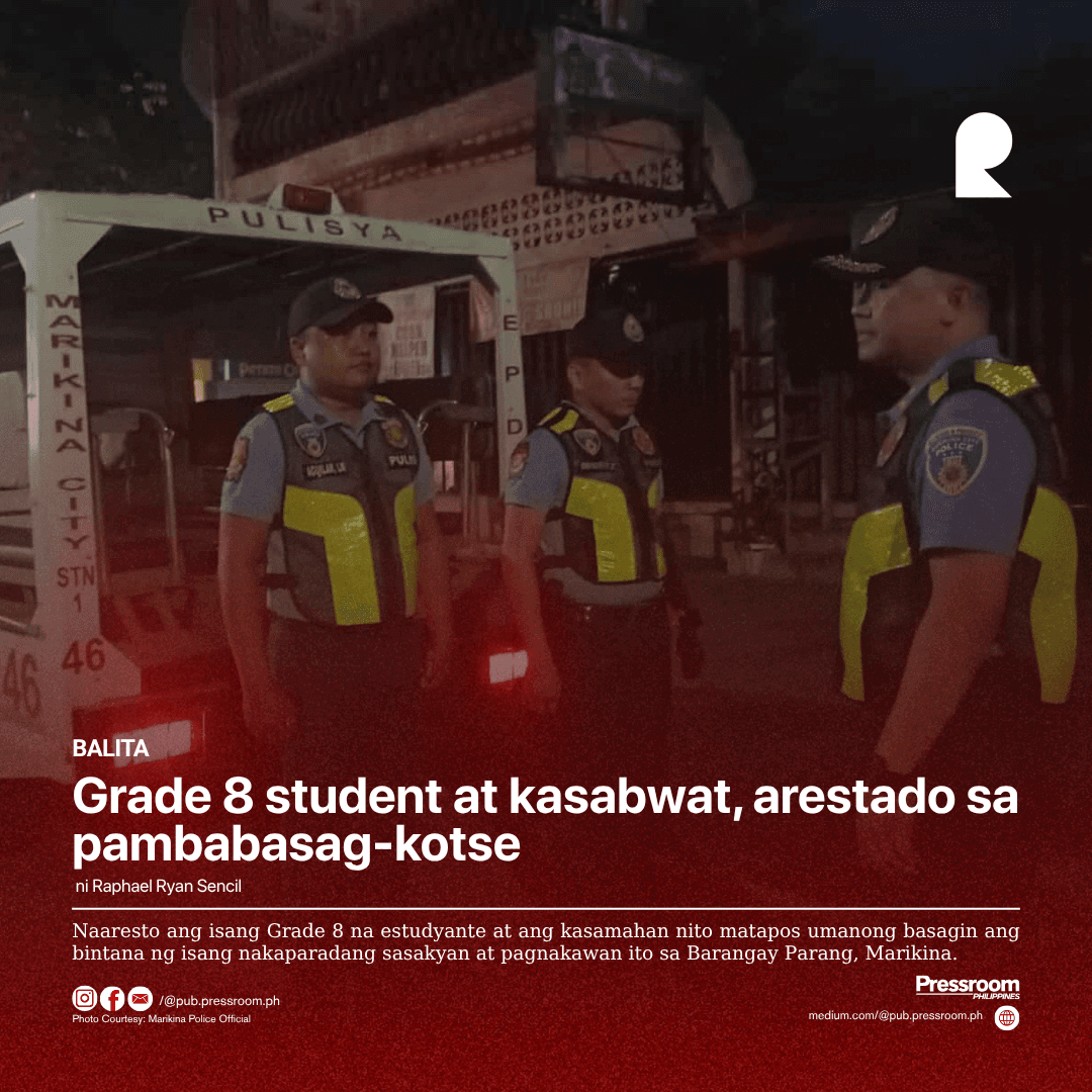 Grade 8 student at kasabwat, arestado sa pambabasag-kotse