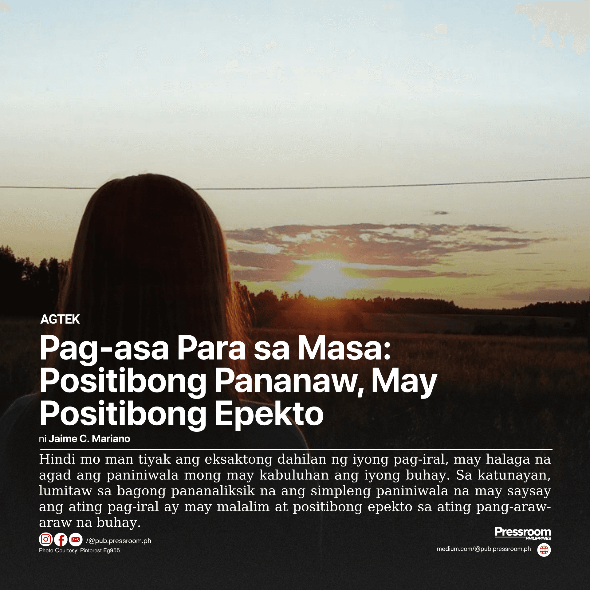 Pag-asa Para sa Masa: Positibong Pananaw, May Positibong Epekto